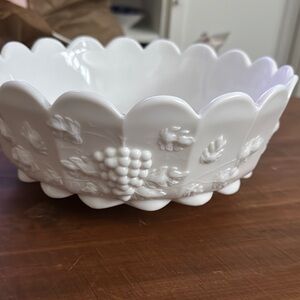 White Scalloped Milk Glass Bowl with Grape Design